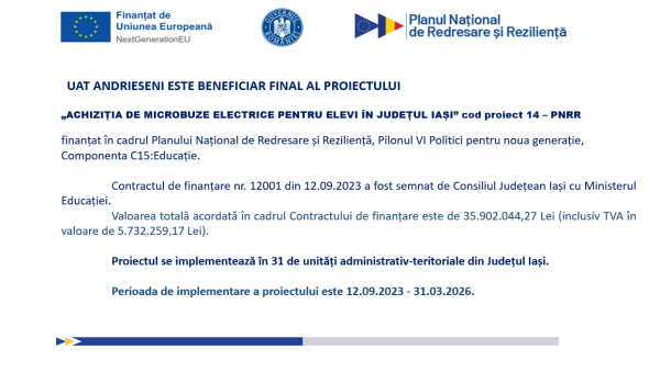 Comunicat de informare: UAT Comuna Andrieșeni este beneficiarul final al proiectului „Achiziția de microbuze electrice pentru elevi în județul Iași